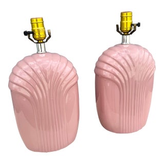 Art Deco Pink Gloss Scalloped Table Lamps - A Pair For Sale