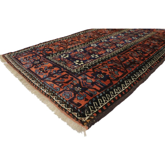 Antique Azerbaijan Rug with Tribal Style 04'03 x 07'11. With its geometric pattern, bold form and dark colors, this hand...