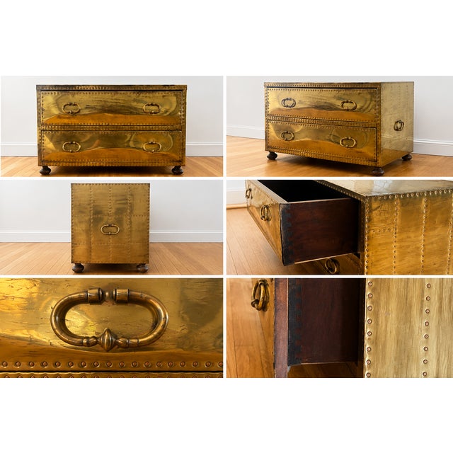 2 Glamorous brass vintage chest or cocktail table with nail head trim. Dimensions: 34” W 19.5”D 18.5”H Preowned in good...