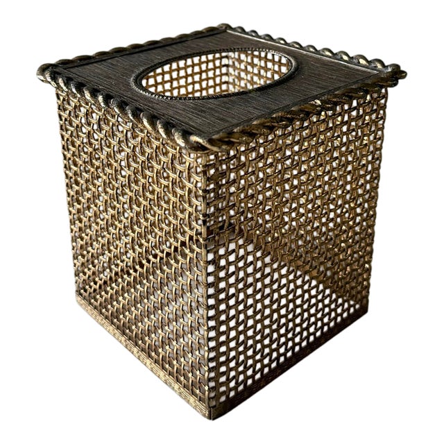 Vintage Gold Tone Brass Mesh Tissue Box Cover For Sale