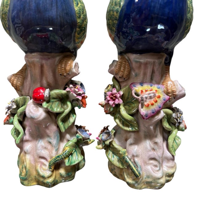 Blue Pair Peacock Bird Figurines Table Sculptures - Hand Painting Chinese Porcelain Book Matching Set - Chelsea House Mottahedeh Style For Sale - Image 8 of 12