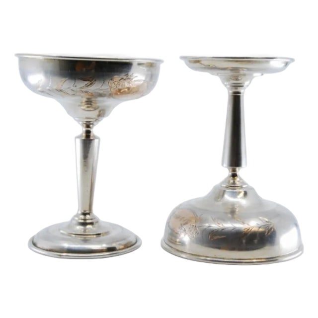 Silver Champagne Glasses with Engraved Floral Motifs and Gold Interior For Sale