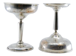 Silver Champagne Glasses with Engraved Floral Motifs and Gold Interior