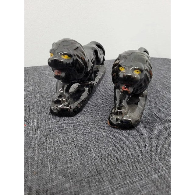 2 Vintage Black Lion Redware Figurine from Japan Animal red ware Ceramic Ware Art Measures 7.5"L x 4.75"W Signed Japan and...