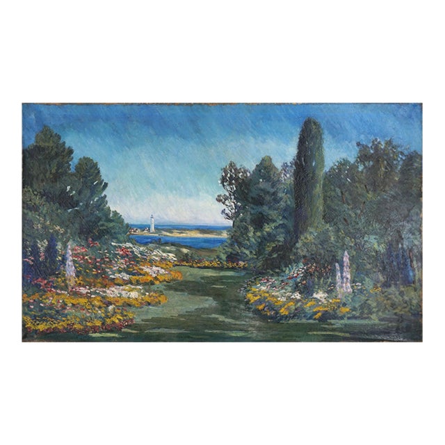 Large Scale 19th Century American Impressionism Garden and Lighthouse Landscape For Sale