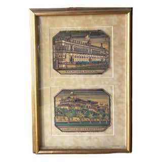 Mexican Artist, Popotillo Chapultepec & Palacio Diptych, 1890s-1910s, Straw Mosaic, Framed For Sale