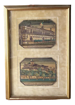 Mexican Artist, Popotillo Chapultepec & Palacio Diptych, 1890s-1910s, Straw Mosaic, Framed