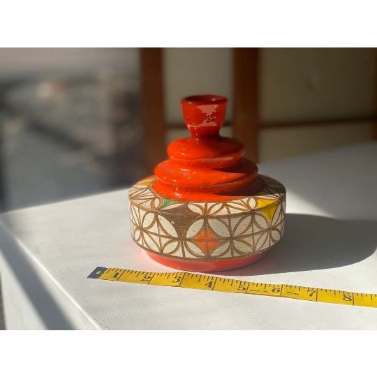 Mid-Century Modern hand-painted geometrically patterned bud vase (or taper candle holder) attributed to Aldo Londi for...