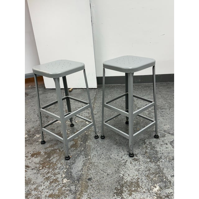 Late 20th Century Vintage Industrial Gray Metal Bar Stools Lyon Workspace Model 1901, Pair For Sale - Image 5 of 12