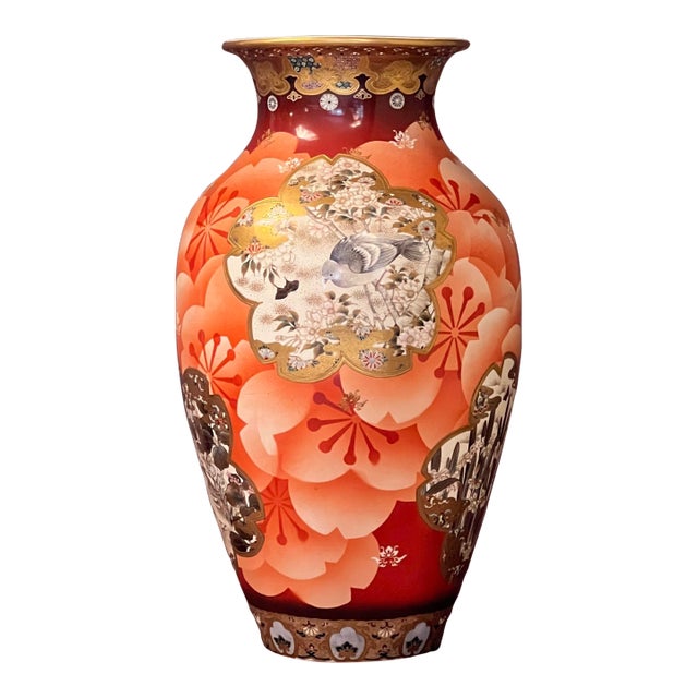 Antique Japanese Meiji Period Satsuma Floor Vase on Stand, Hand Painted Bird Panels, 21” For Sale