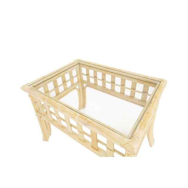 Brown White Wash Pickle Finish Rattan Rectangle Glass Top End Side Tables MINT - A Pair For Sale - Image 8 of 12