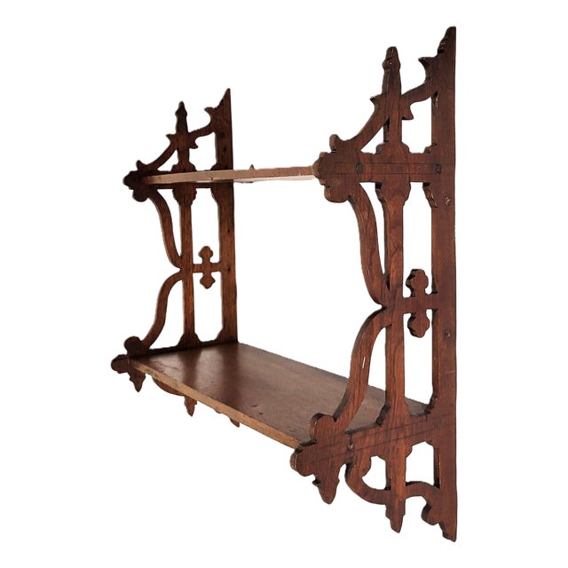 Antique American Mahogany Victorian Pierce Carved Wall Shelf 3 Tier Bookshelf For Sale
