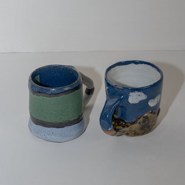 Ceramic Whimsical Pair of Rustic Studio Pottery Coffee Mugs, by Artist d.o.n. For Sale - Image 7 of 11