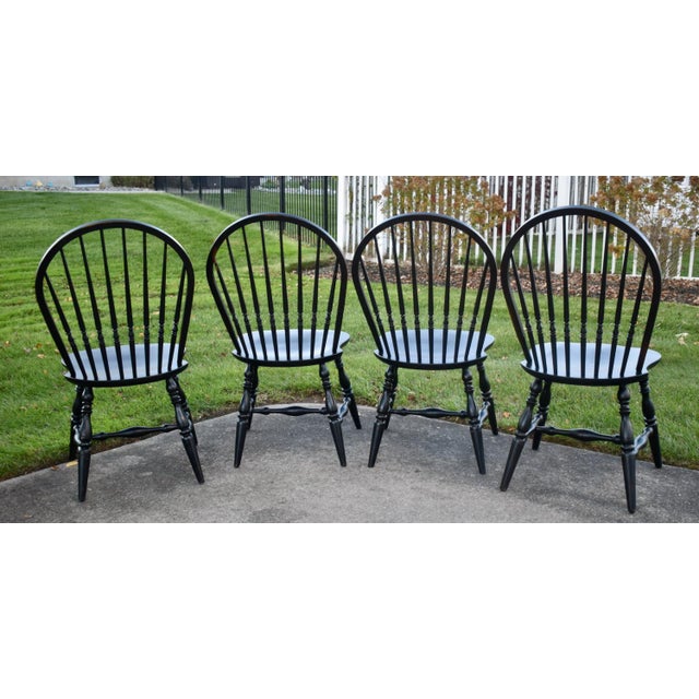 4 Ethan Allen Oak Dining Chairs Vintage Distressed Black Farmhouse Bow Back For Sale In Philadelphia - Image 6 of 18