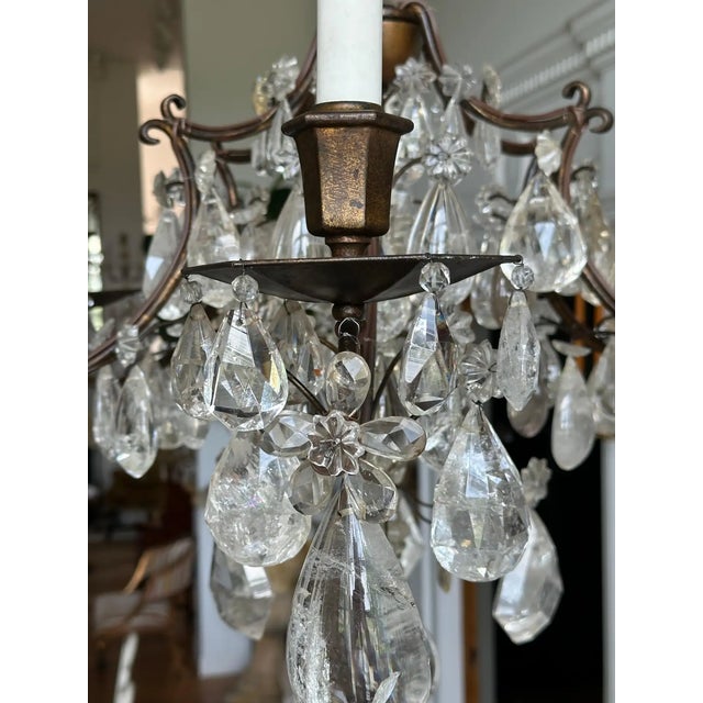 Early 20th Century Pair of Maison Bagues Patinated Iron and Rock Crystal Chandeliers For Sale - Image 5 of 9