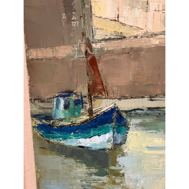 Blue Vintage French Harbor Painting in a Light Wood Frame, Signed For Sale - Image 8 of 10