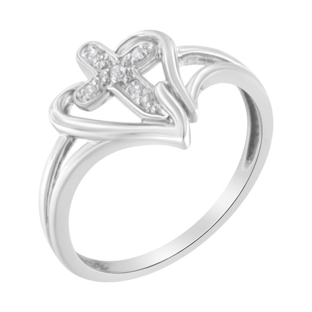 Contemporary 10K White Gold Diamond-Accented Cross & Open Heart Promise Fashion Ring (H-I Color, I1-I2 Clarity) - Size 8 For Sale - Image 3 of 7