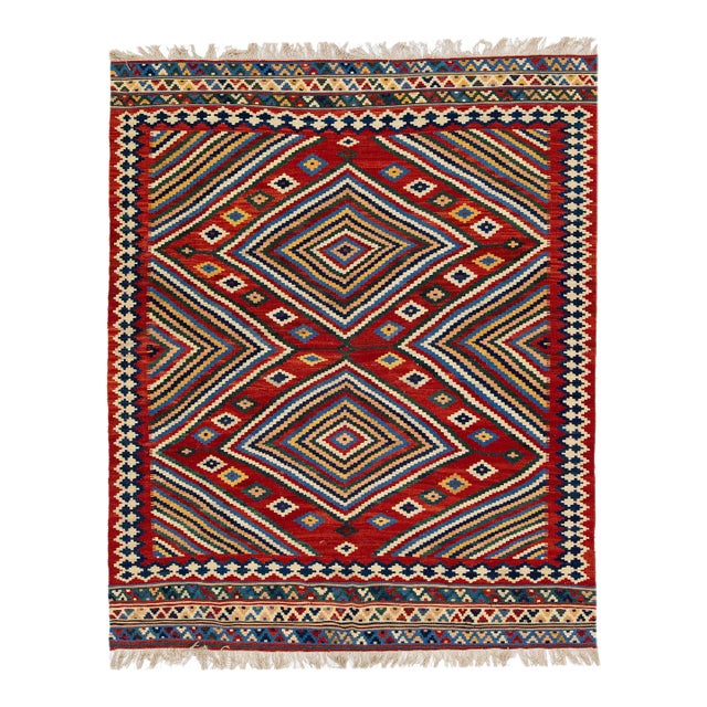 1960s Vintage Kilim Handmade Red Geometric Wool Rug For Sale