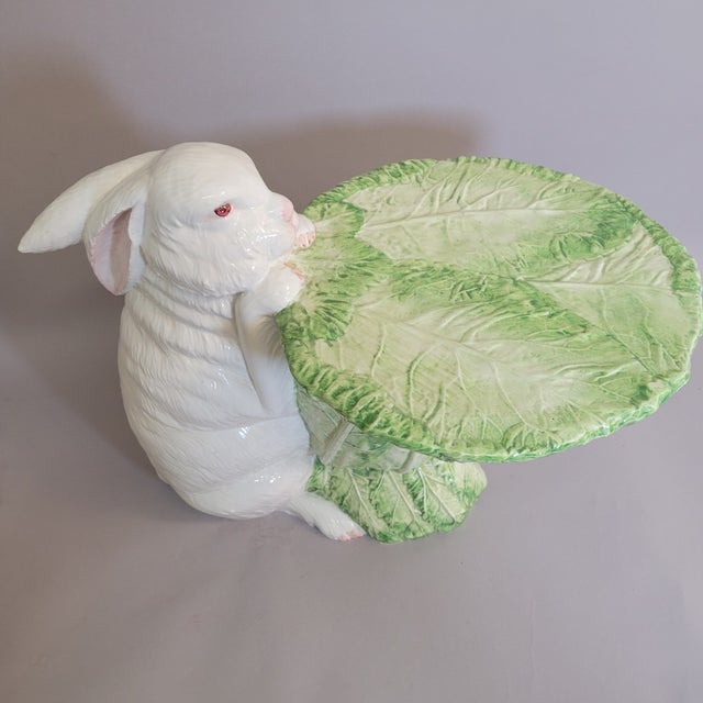 White Italian Porcelain Rabbit Sculptural Accent Table Stand With Lettuce Leaf Top, C. 1970s For Sale - Image 8 of 9
