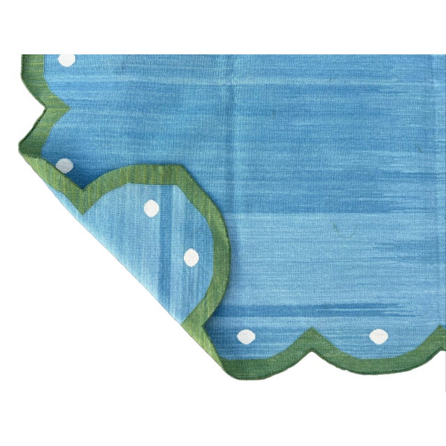 Casa Cosima Handmade Cotton Scalloped Reversible Rug, Sky Blue and Forest Green Dhurrie-6'x9' For Sale - Image 4 of 10
