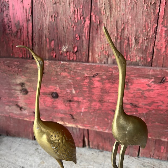 Vintage Brass Crane Bird Statues Elegant Mid Century Decorative Sculpture Pair For Sale - Image 10 of 14