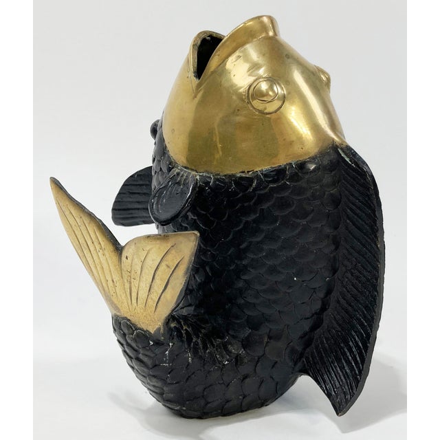 Mid-Century Modern Vintage Brass and Black Koi Fish Sculpture or Vase For Sale - Image 3 of 9