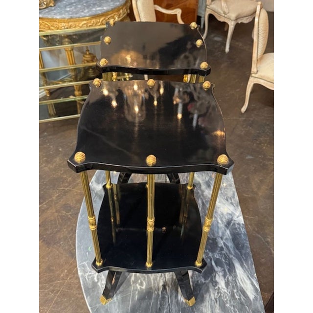 Pair of Italian Jansen Manner Black Lacquered and Brass Side Table For Sale - Image 4 of 5