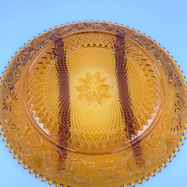1950s 1950s Indiana Sandwich Glass Tiara Amber 3-Part Serving Platter Sawtooth Rim 12" Plate For Sale - Image 5 of 5