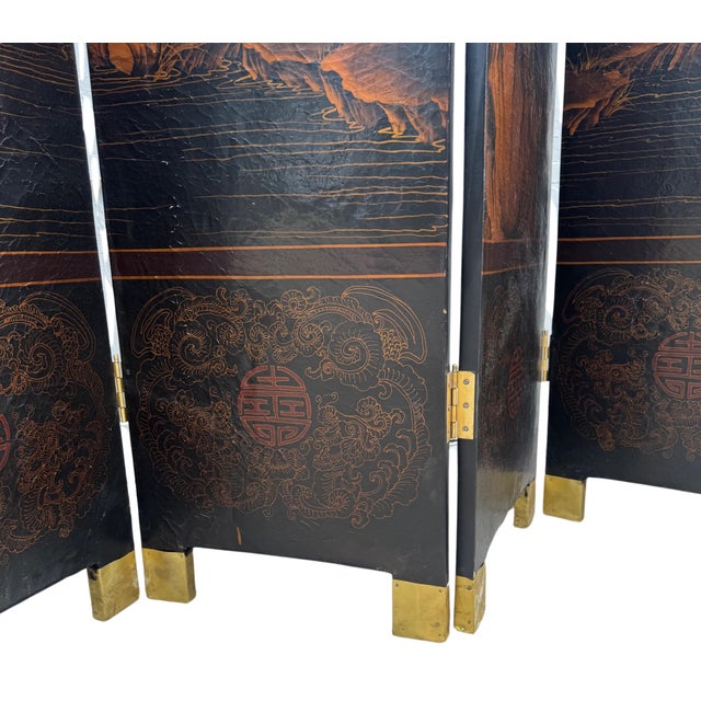 Large Chinese Eight-Panel Black Lacquer Folding Screen With Scholar Landscape, Circa 1925–1940 For Sale In Wichita - Image 6 of 13