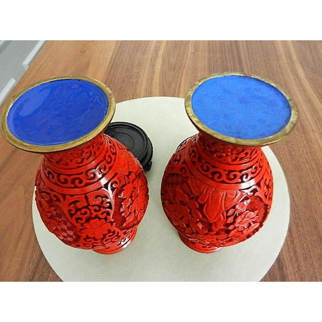 1950s Pair of Mid-Century Chinese Red Cinnabar Vases - Red Lacquer Over Brass For Sale - Image 5 of 9