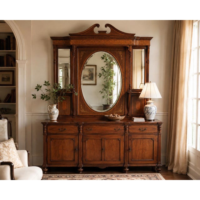 Wood Antique Edwardian Sheraton Revival Inlaid Mahogany Mirror-Back Cabinet For Sale - Image 7 of 8