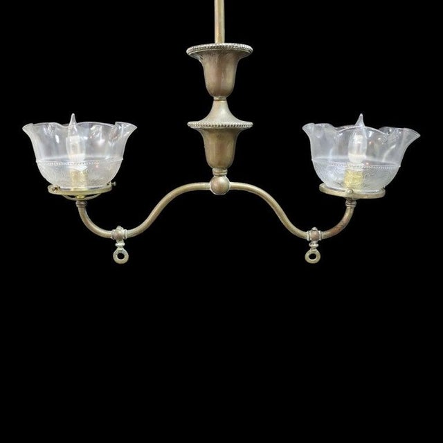 Brass 2-Arm Electrified Gas Chandelier With Pressed Glass Shades C1890 For Sale - Image 4 of 10