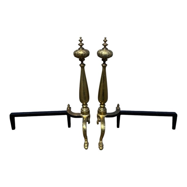 Antique 1920s Brass Fireplace Andirons Pair Refurbished Colonial Hearth Decor For Sale - Image 4 of 18