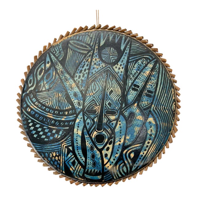 1970s Modern Pottery Art Blue Tambourine Goatskin and Wood Joseph Amedokpo For Sale
