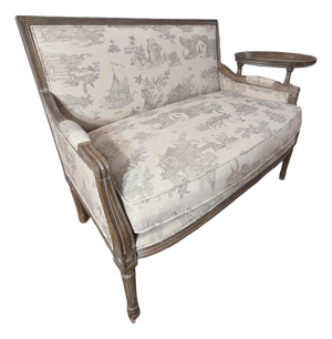 French Louis XVI Style Toile Upholstered Settee With Distressed Carved Wood Frame