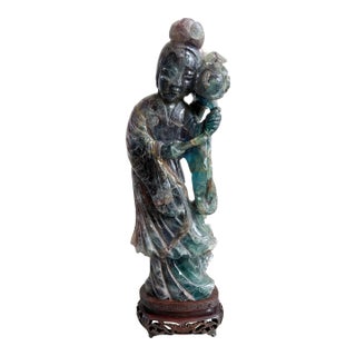 Antique Chinese Qing Dynasty 8.4lb Rainbow Fluorite Carved Lady Figure W/ Stand For Sale