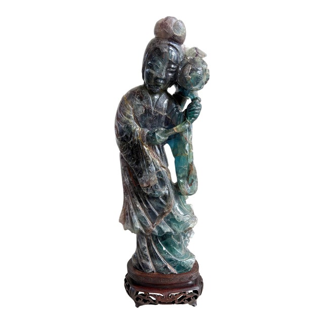 Antique Chinese Qing Dynasty 8.4lb Rainbow Fluorite Carved Lady Figure W/ Stand For Sale