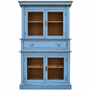 Antique 19th Century European Pine Step-Back Cabinet With Original Hand Painted Blue Finish For Sale