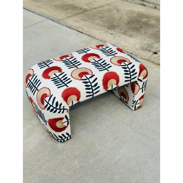 Modern Vintage Waterfall Bench Reupholstered in Designer Fabric For Sale - Image 3 of 11