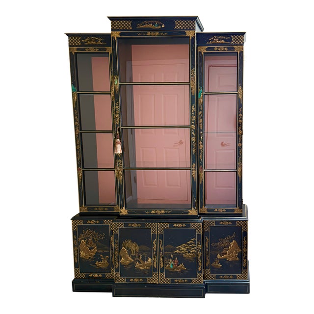 1940s Chinoiserie Black Lacquer Bookcase / China Display Cabinet For Sale