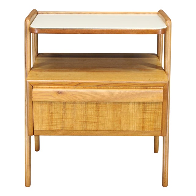 Mid-Century Modern Maple Nightstand with Milky Glass Shelf, 1960s For Sale