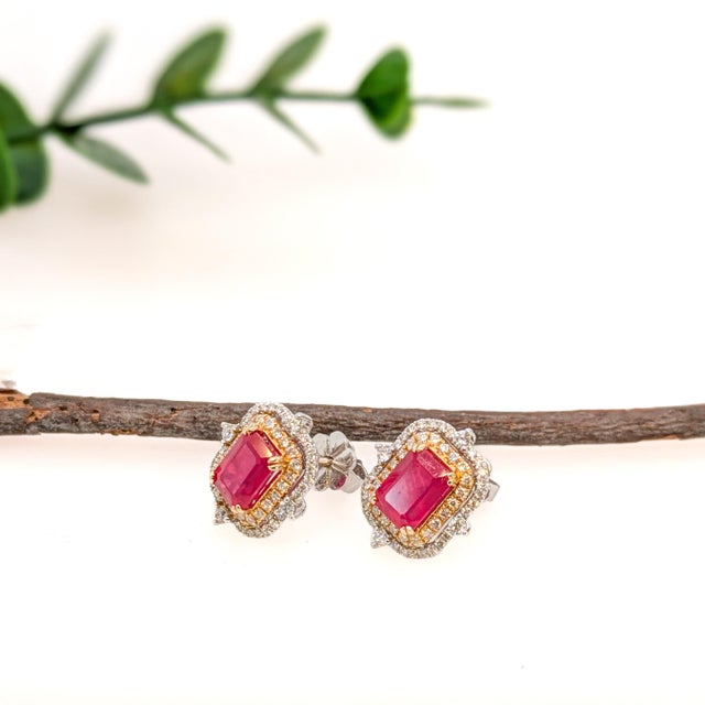 Art Deco 3ct Ruby Earrings With Natural Diamond Halo in 14k Dual Yellow and White Gold - 2 Pieces For Sale - Image 3 of 4