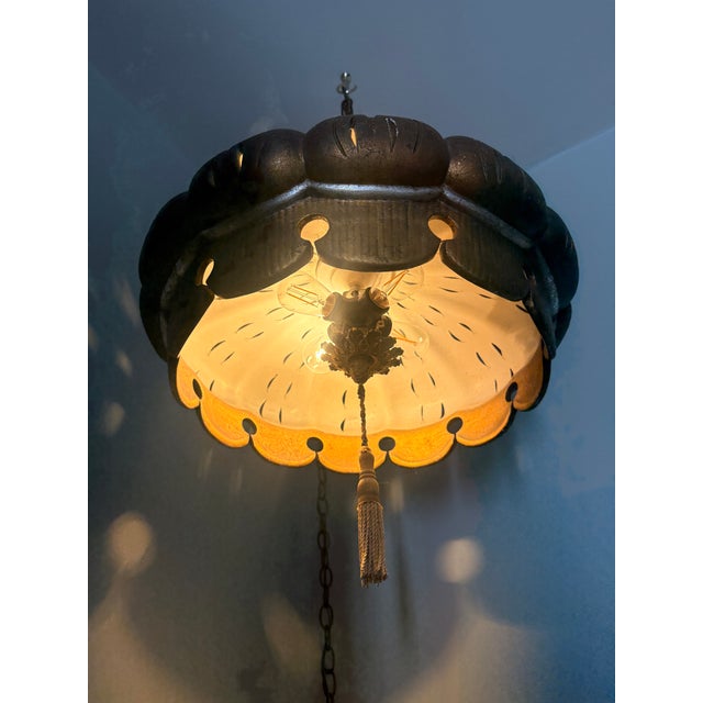 Brass Mid 20th Century 4 Light Large Pendant Lamp With Pull Chain For Sale - Image 8 of 11