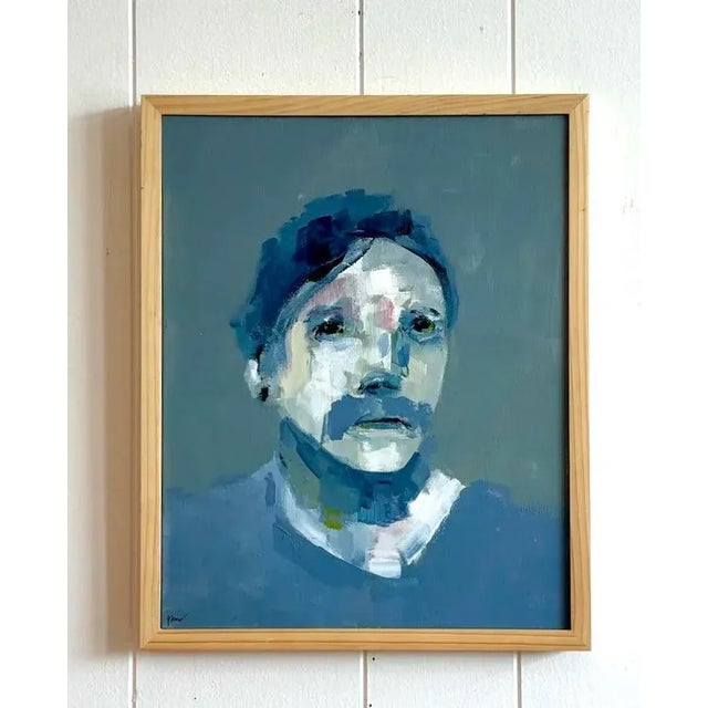 Vintage Abstract Grey Blue Portrait in Wood Frame For Sale - Image 4 of 5