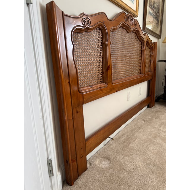 1980s 1980s Ethan Allen Chateau Normandy King Cane & Pine Bed Pediment Headboard For Sale - Image 5 of 12