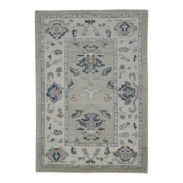 Turkish Oushak Rug Soft Gray & Blue Floral Handwoven Rug 4'1" X 6' For Sale