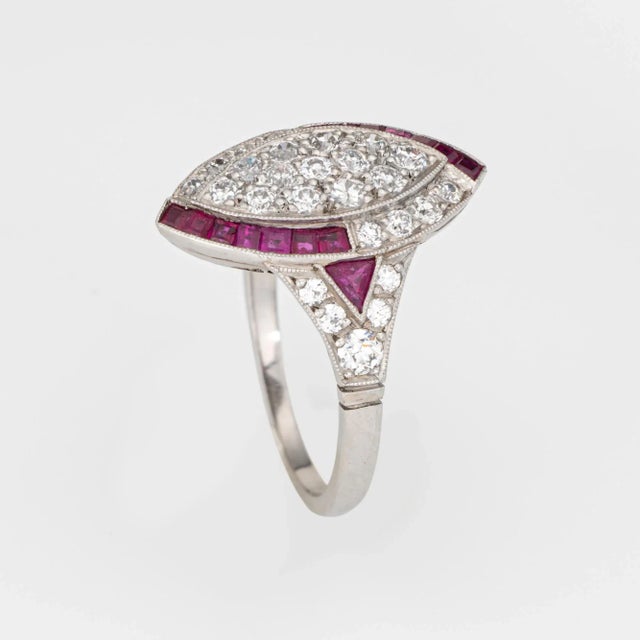 Art Deco Vintage Art Deco Diamond Ruby Ring Sz 5.5 Platinum Navette Estate Jewelry For Sale - Image 3 of 6