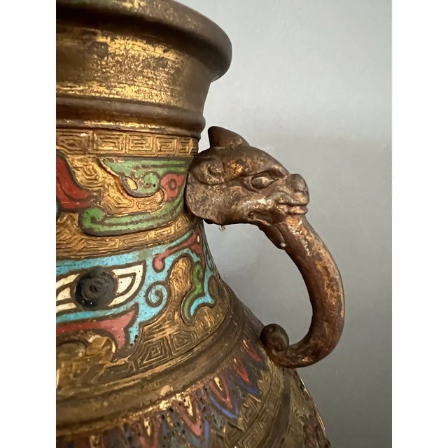 Large 1930s Bronze Japanese Champleve Vase For Sale - Image 4 of 11