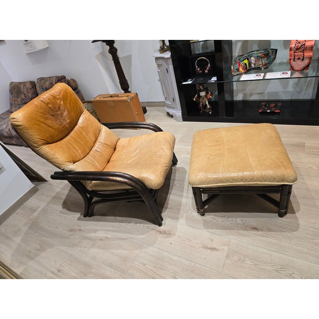 Set of Vintage Camel Leather Lounge Chair and Ottoman with Wooden Frames, 1970s For Sale - Image 12 of 12
