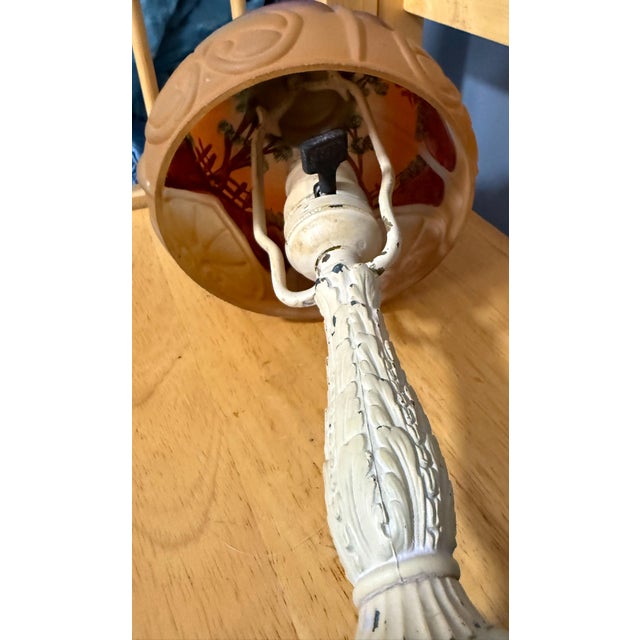 Antique 1920s Reverse Painted Puffed Glass Boudoir Lamp Jefferson Style Scenic Sunset For Sale - Image 9 of 15